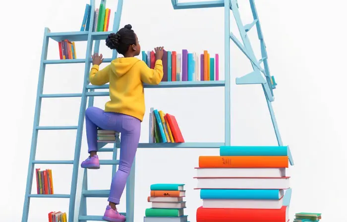 Artwork of Girl on a Ladder Reaching for Books 3D Character Design Illustration